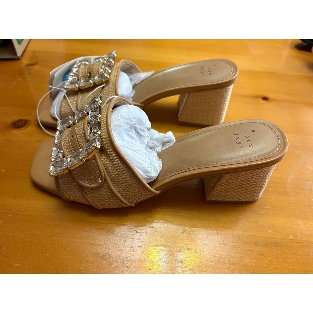 A New Day Kathleen Slide Sandals Tan Woven Rhinestone Buckle Block Heel 10